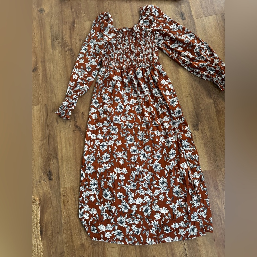 La Ligne Brown and White Floral Long Sleeve Summer Dress